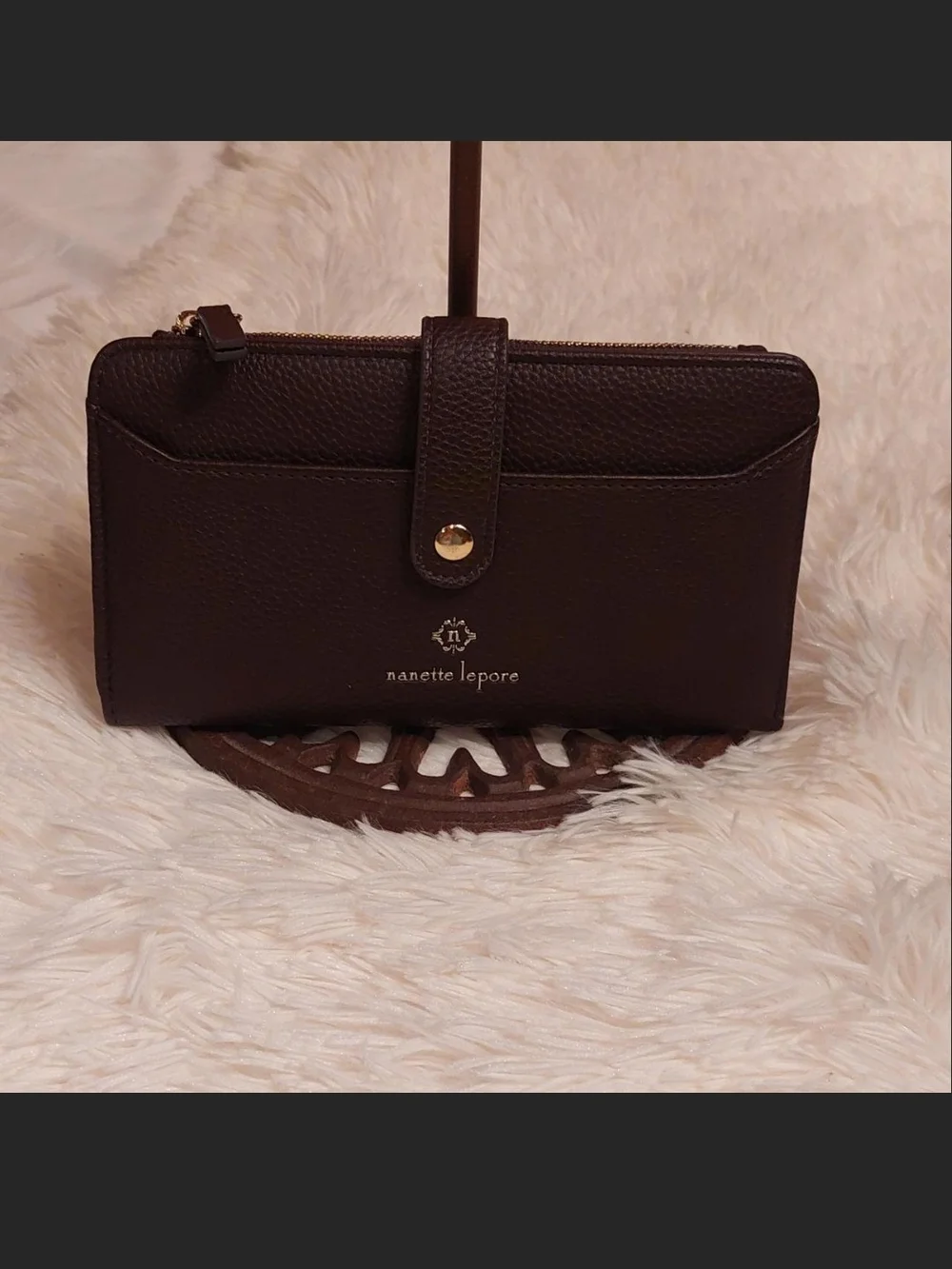 Nanette Lepore Dark Brown Pebbled Leather Wallet with Gold Hardware